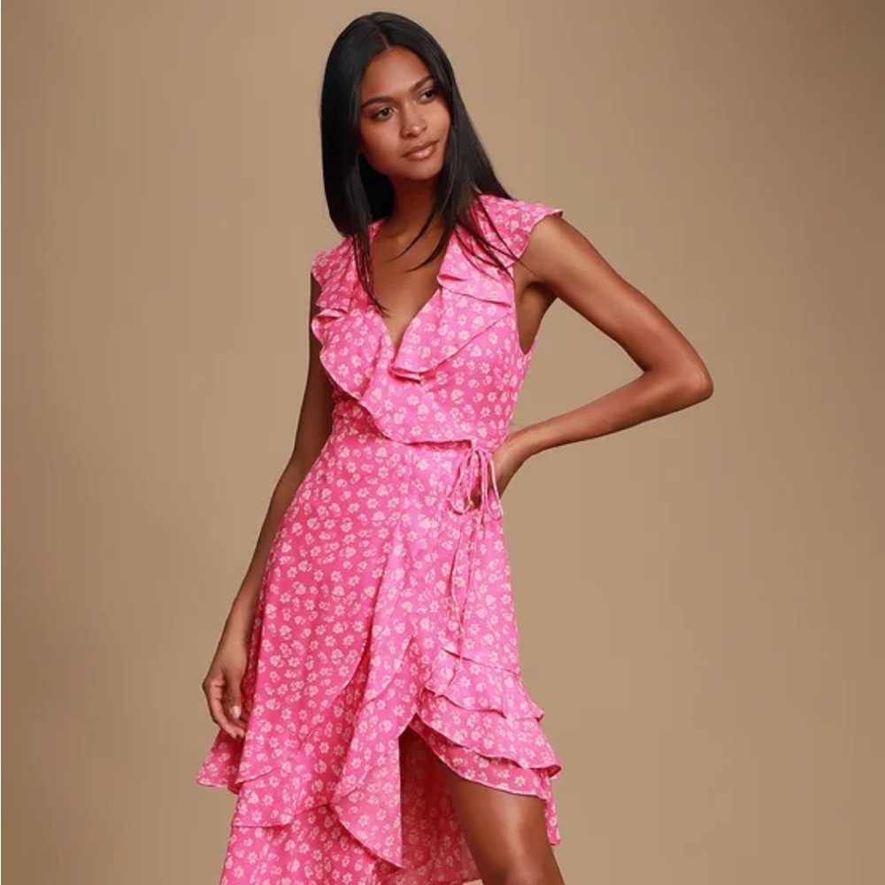 Lulu’s Pink Floral Cornelia Wrap Ruffled Midi Dress S